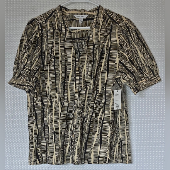 Neutral Abstract Blouse Business Casual Chic Work to Weekend Flowy Layering Top - Picture 7 of 9